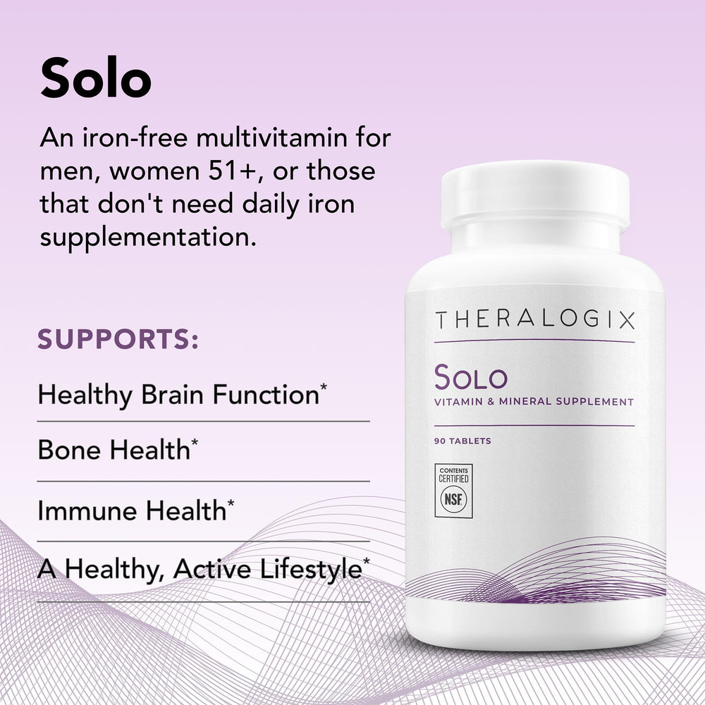 Back label of Theralogix Solo Iron-Free Multivitamin showing nutrition facts