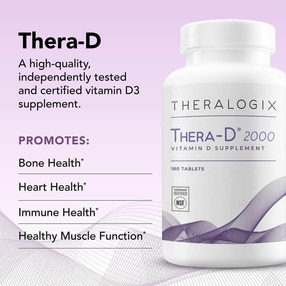 Lifestyle image with Theralogix Thera-D 2000 Vitamin D3 bottle on display