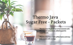 Close-up of Thermo Java Sugar Free packets showing Stevia