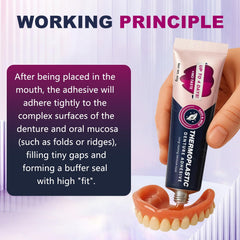 Easy application to a clean, dry denture base and bite for instant fit
