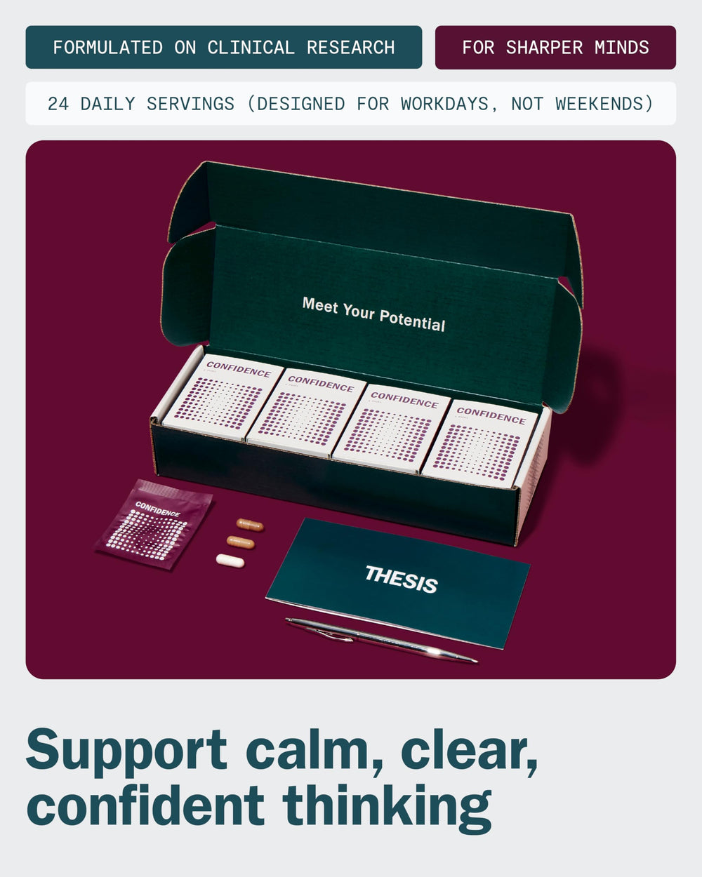 Packaging shot of Thesis Confidence box and bottle