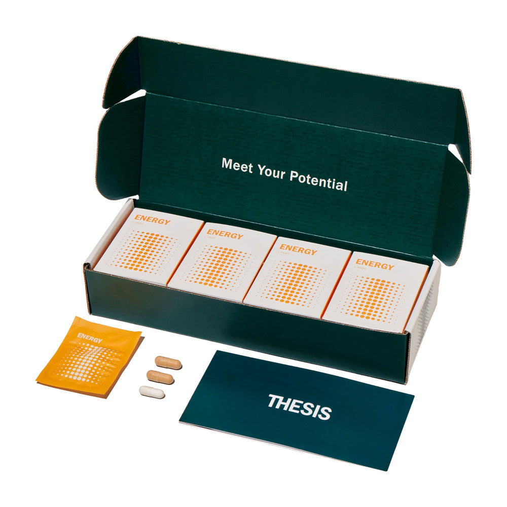 THESIS Energy bottle-front view promoting daily focus and sustained energy for work tasks.