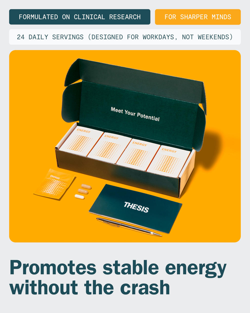 THESIS Energy capsules-closeup showing compact nootropic capsules for on-the-go support.