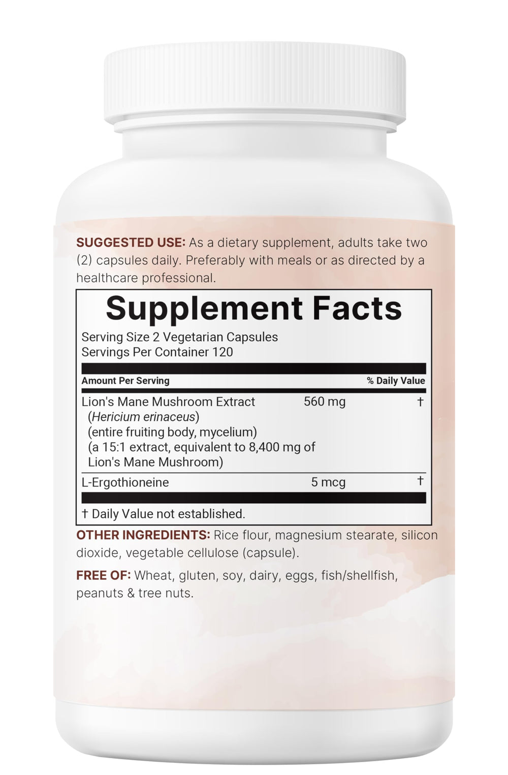 Label indicating third-party lab tested Lion's Mane supplement.