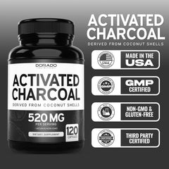 Third-party tested activated charcoal supplement label and packaging