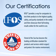 Third-party purity label on omega-3 fish oil bottle