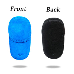 Child wearing blue velvet eye patch for amblyopia training