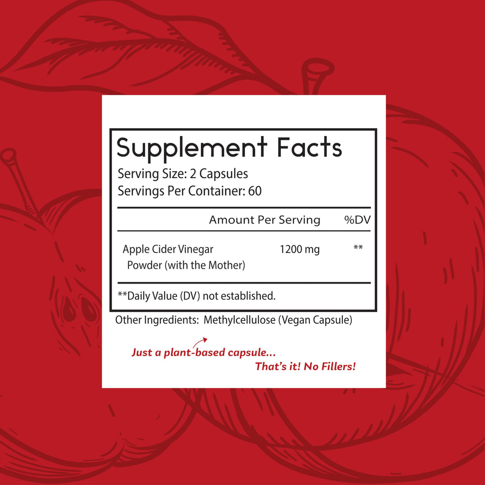 Two capsules per serving from Thomas' all-natural Remedies deliver 1200mg raw ACV with The Mother.