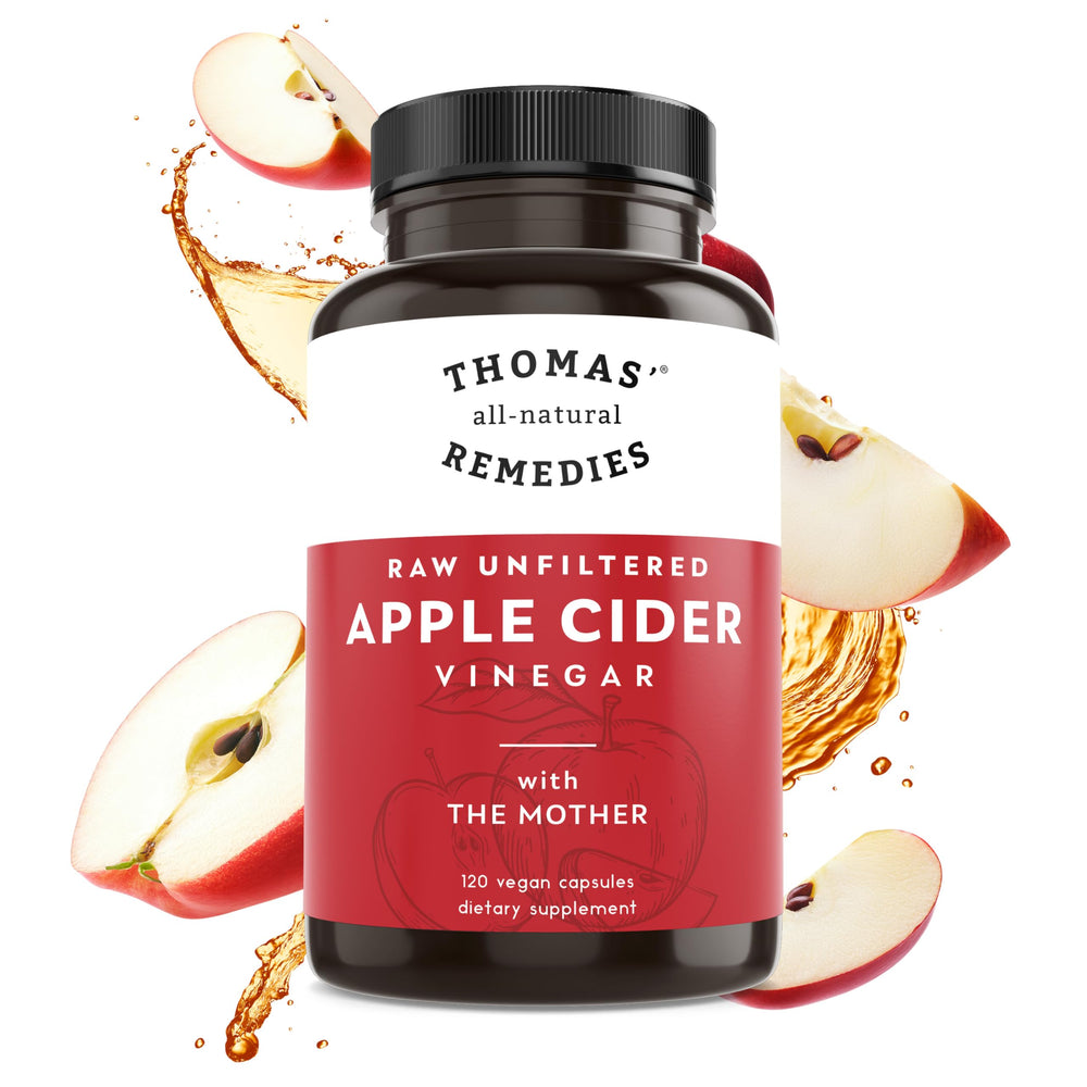 Thomas' all-natural Remedies apple cider vinegar pills bottle front for daily gut health support.