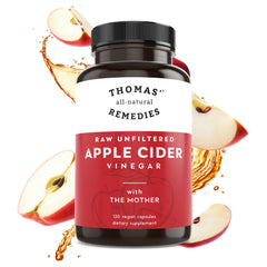 Thomas' all-natural Remedies apple cider vinegar pills bottle front for daily gut health support.