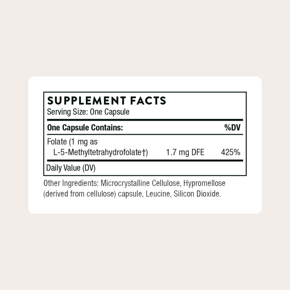 THORNE 5-MTHF capsules close-up highlighting vitamin B9 active form benefits