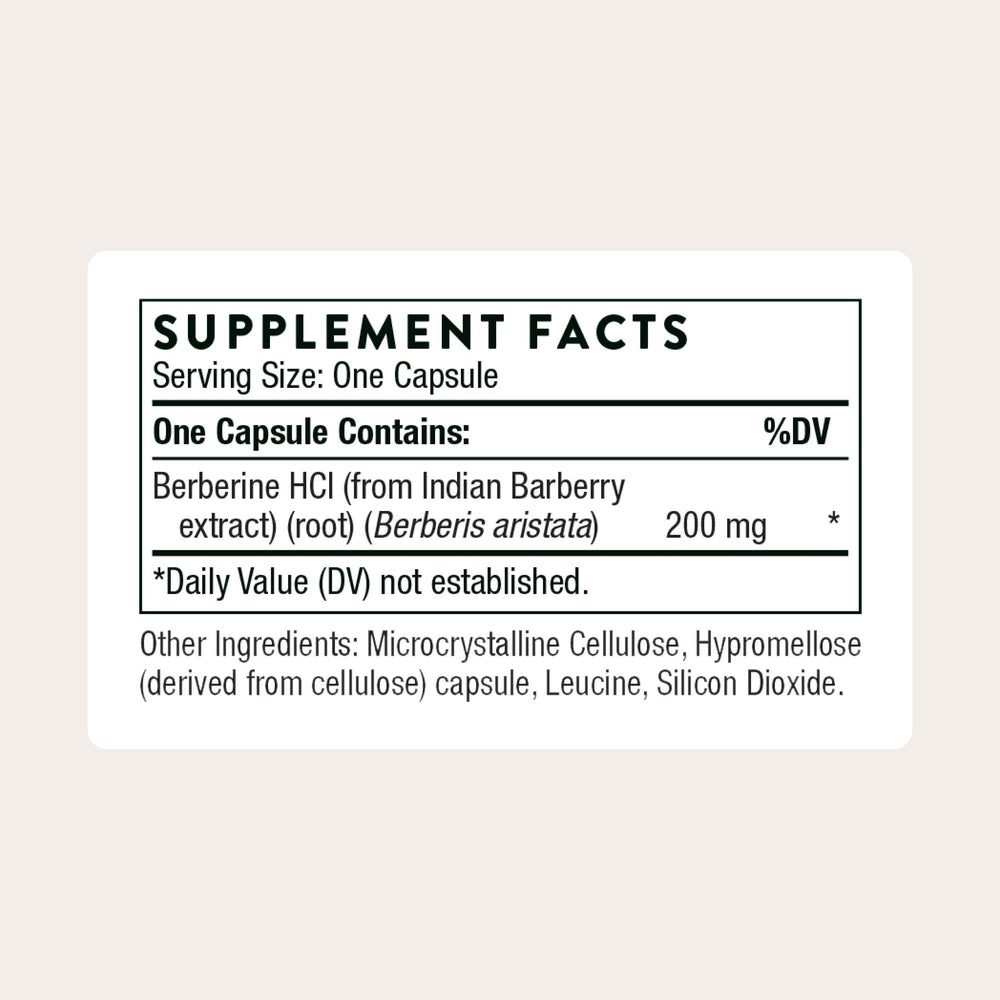 THORNE Berberine 200mg bottle label close-up highlights ingredients and certification for confidence.