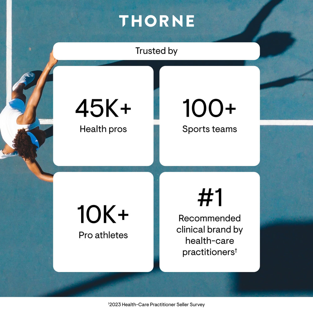 THORNE Creatine pineapple orange serving on open case demonstrates portability for travel