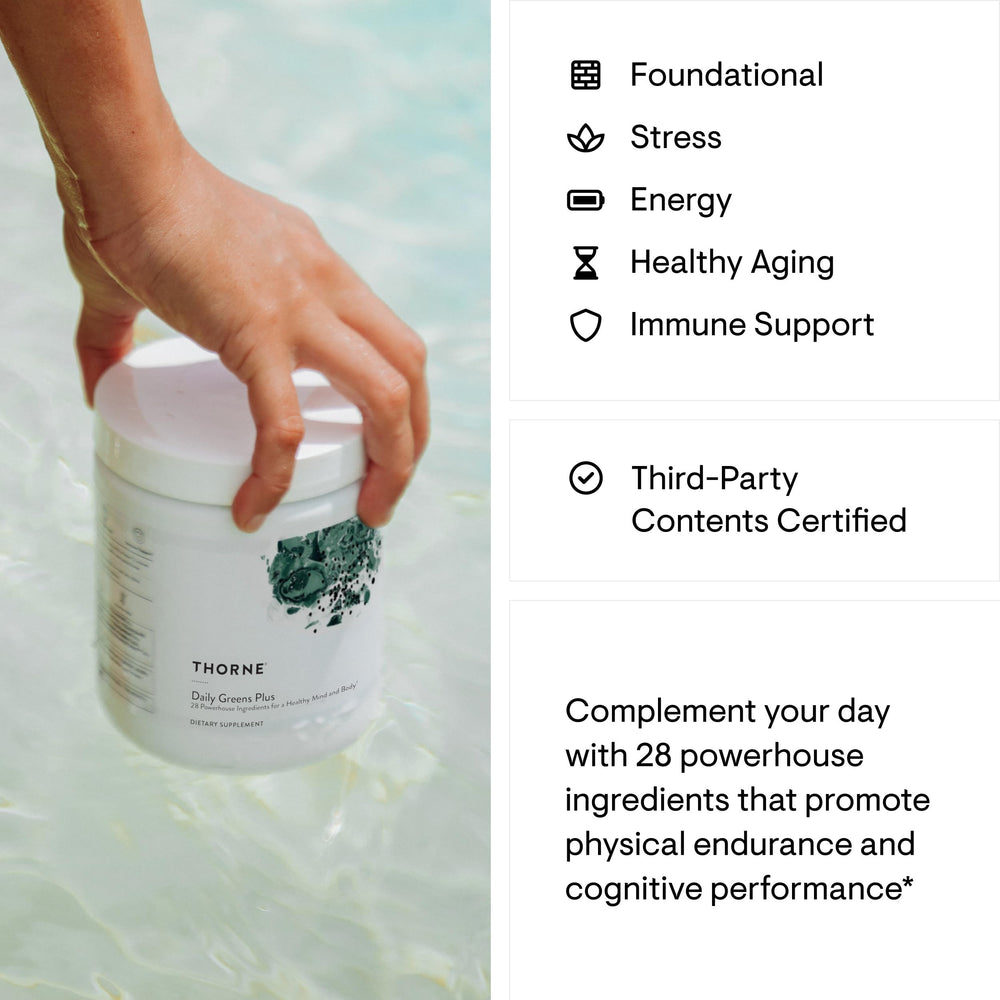 Greens blend featuring matcha and spirulina in THORNE Daily Greens Plus
