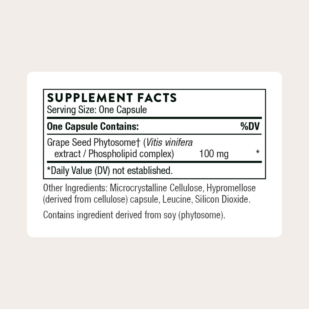 Thorne Grape Seed Extract capsules demonstrate easy-use antioxidant phytosome formulation.