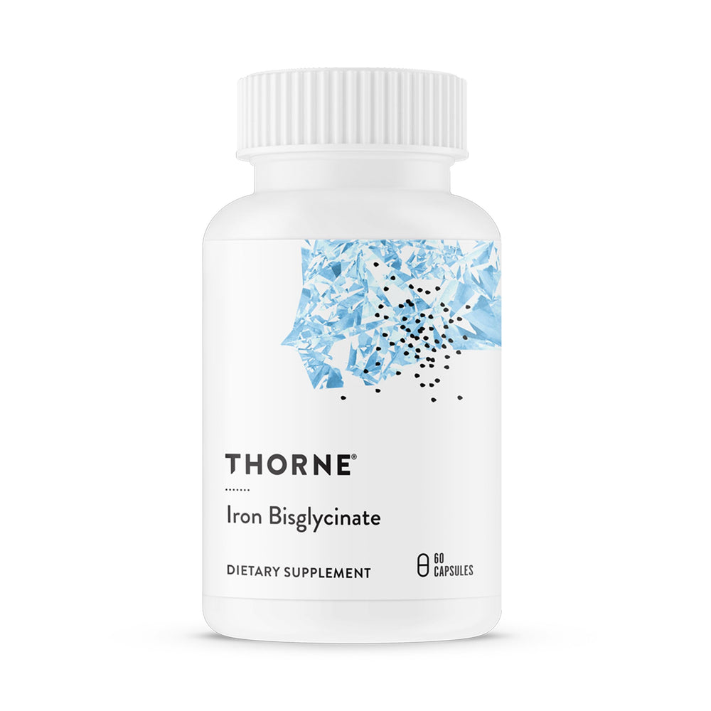 THORNE Iron Bisglycinate 25mg capsule delivering high absorption for daily iron support.