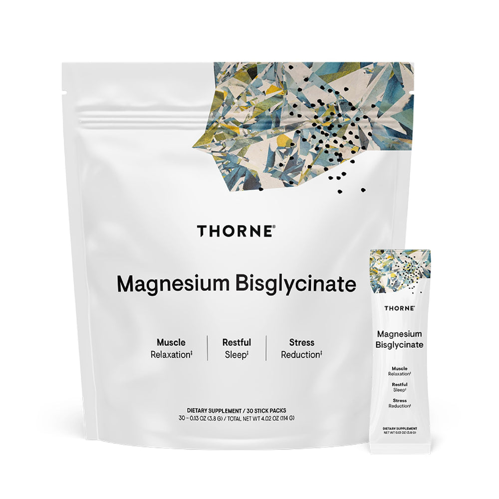 Front view of THORNE Magnesium Bisglycinate stick-pack with label
