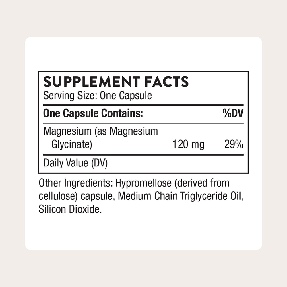 THORNE Magnesium Glycinate capsules-pour captures daily dose ready-to-take for restful evenings.