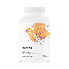 THORNE Multi Enzyme bottle front, dairy-free digestive supplement for everyday meals.