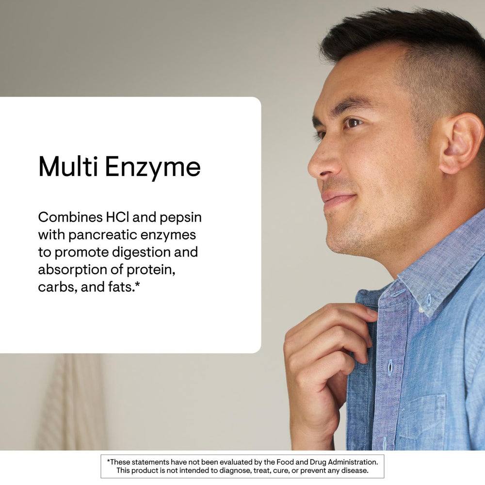 THORNE Multi Enzyme label graphics; comprehensive enzyme blend highlighted.