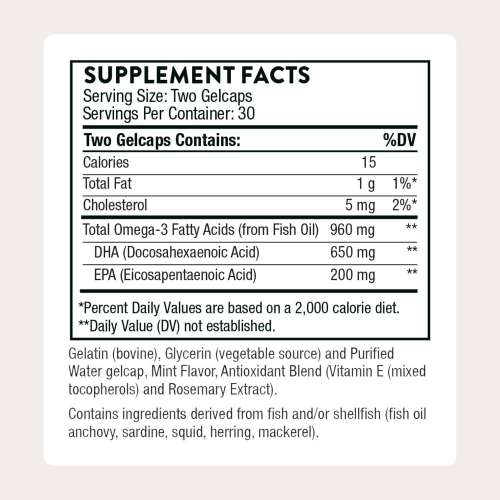 Thorne Prenatal DHA capsules close-up, easy-to-take gelcaps for gentler digestion.