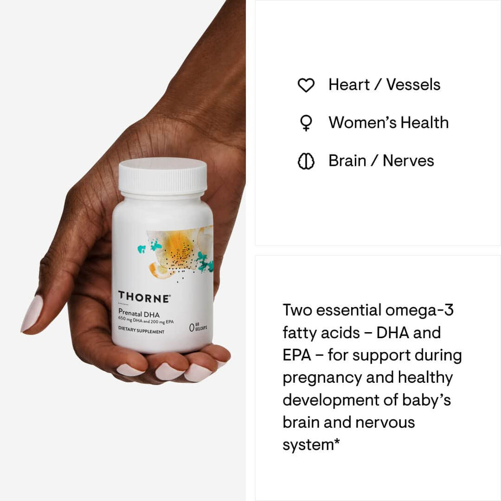 Capsules of THORNE Prenatal DHA with rosemary and mint to ease digestion