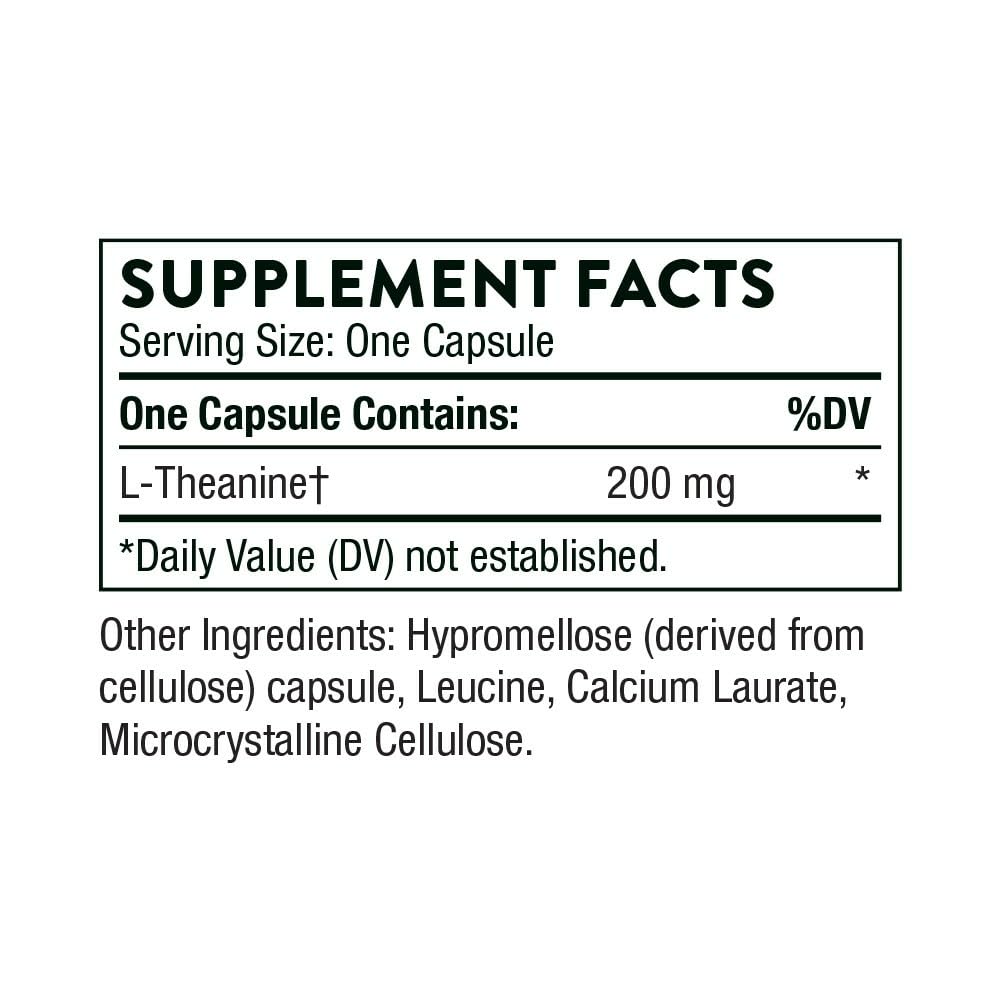 Close-up of THORNE Theanine 200mg bottle label Close-up of THORNE Theanine 200mg bottle label
