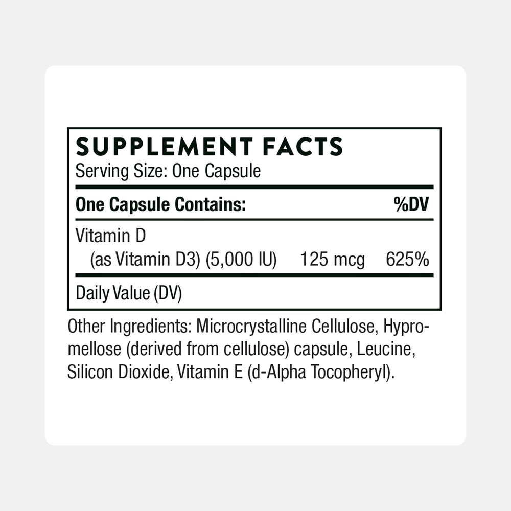 Close-up of Thorne Vitamin D-5000 D3 bottle label