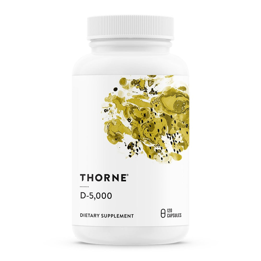 THORNE Vitamin D-5000 bottle front displaying dosage for daily bone and immune support.