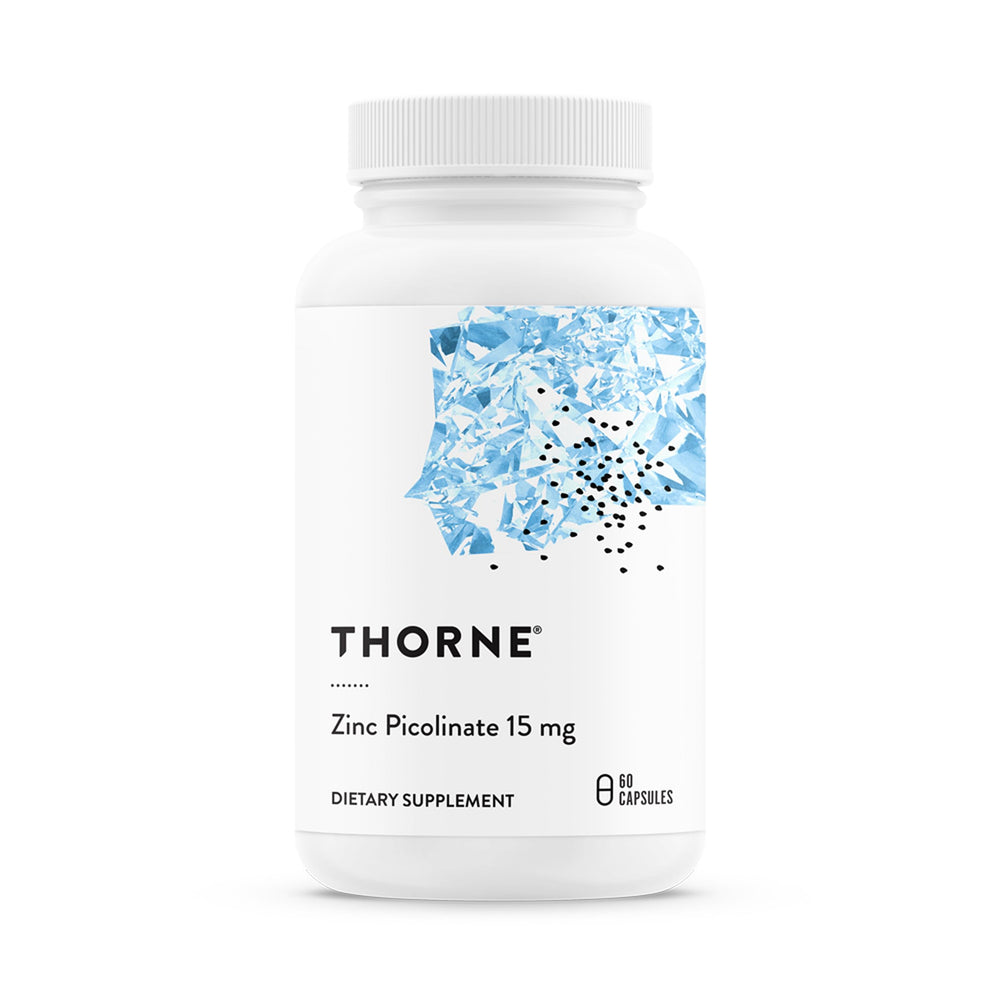 THORNE Zinc Picolinate bottle close-up highlighting 15 mg for immune support