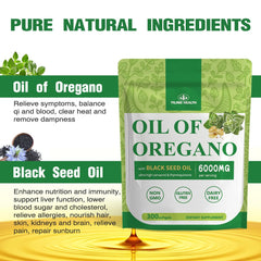 Illustration showing the three-in-one ingredients oregano oil, black seed oil and echinacea