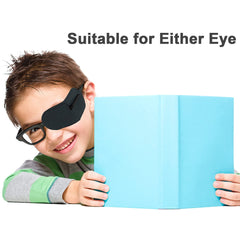 Close-up of THSIREE eye patch attached to glasses frame