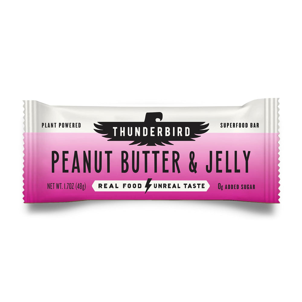 Thunderbird Bars peanut-butter-jelly-bar-unwrap showcases on-the-go energy from real ingredients.