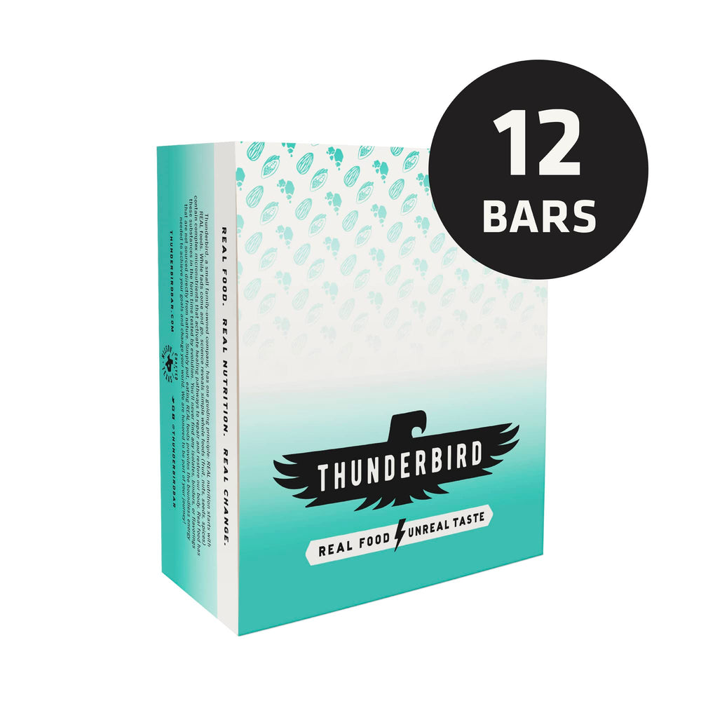 Thunderbird Real Food Bars ingredient panel signals gluten-free and no added sugar.