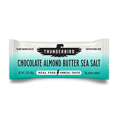 Thunderbird Real Food Bars packaging highlights chocolate almond butter sea salt for on-the-go energy.