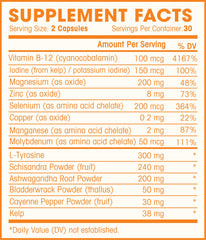 Close-up of L-Tyrosine, Selenium, and kelp-derived iodine in supplement