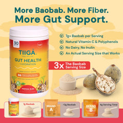 Tiiga Baobab powder scoop showing 7g serving for fiber and antioxidants