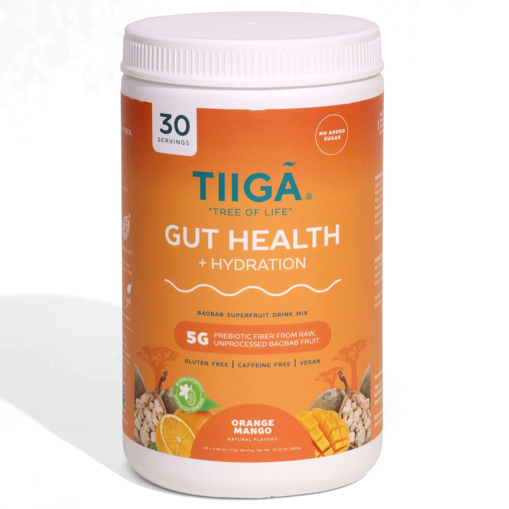 Tiiga Gut Health drink mix scoop shows 7g baobab for digestion support and daily hydration.