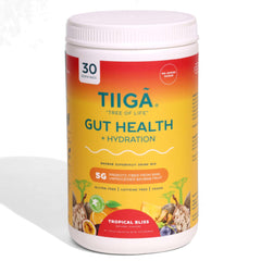 Tiiga Gut Health Hydration Drink Mix bottle pouring for daily gut support and hydration