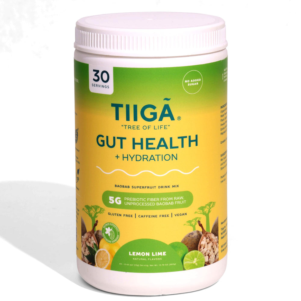 Tiiga gut health hydration drink mix pour promotes easy on-the-go hydration for digestion support.