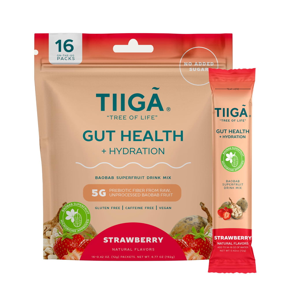Tiiga gut-health hydration powder in a tub highlighting dairy-free gut support.
