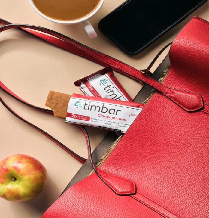 TIMBAR Protein Bars nutrition panel shows 12 g protein and 9 g fiber