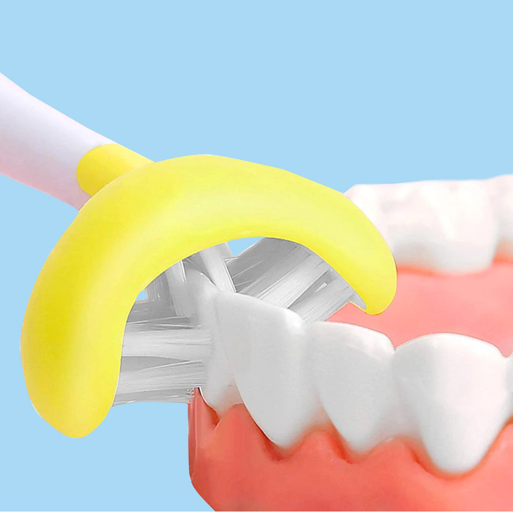 Blue TinyGums 3-Sided Toddler Toothbrush - angled view