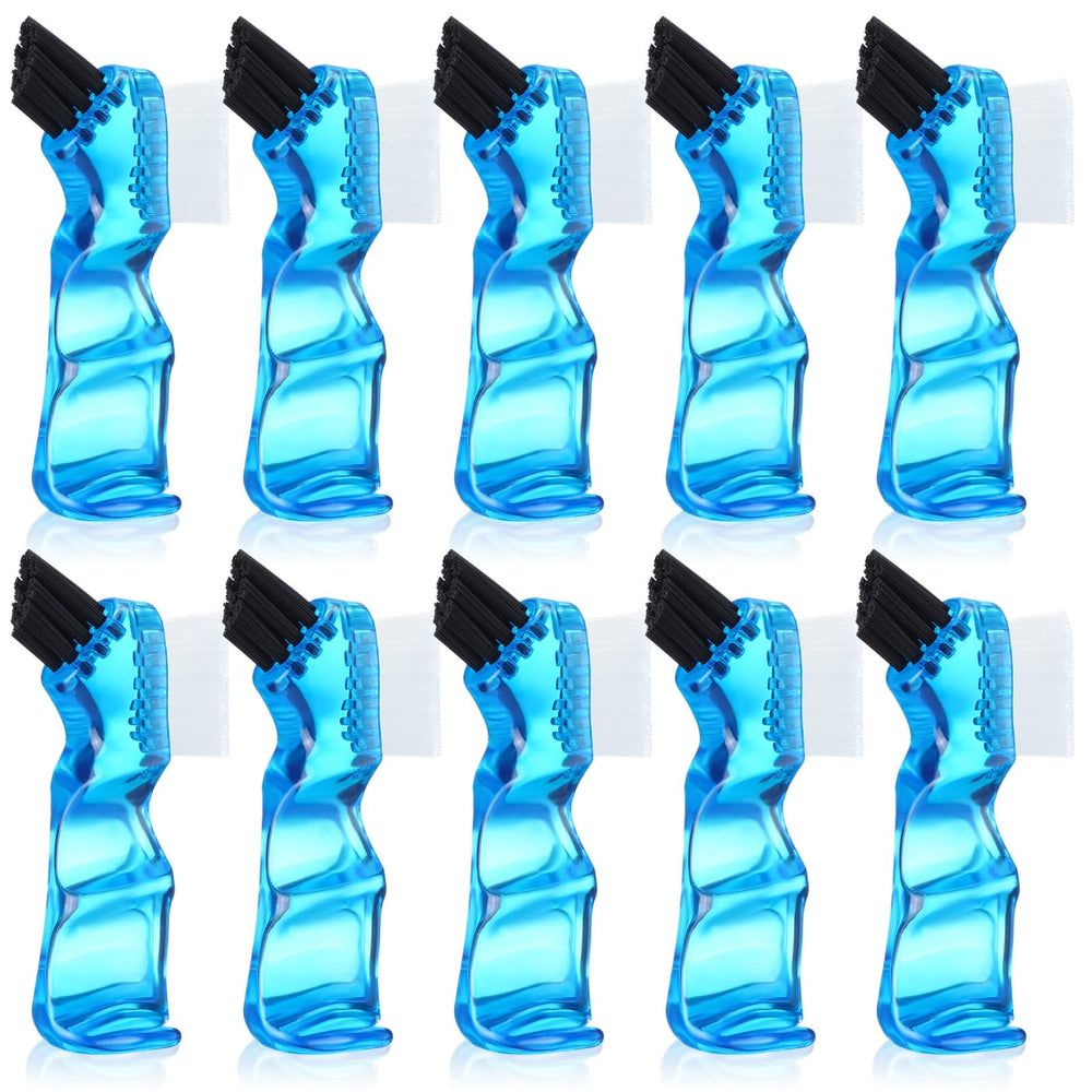 Ten mini denture brushes with blue handles