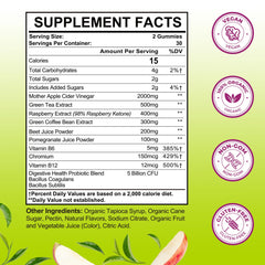 Tisestence ACV gummies close-up showing green tea extract for metabolism support.