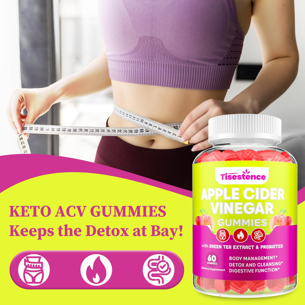 Tisestence ACV gummies with green tea on tray for energy and metabolism boost