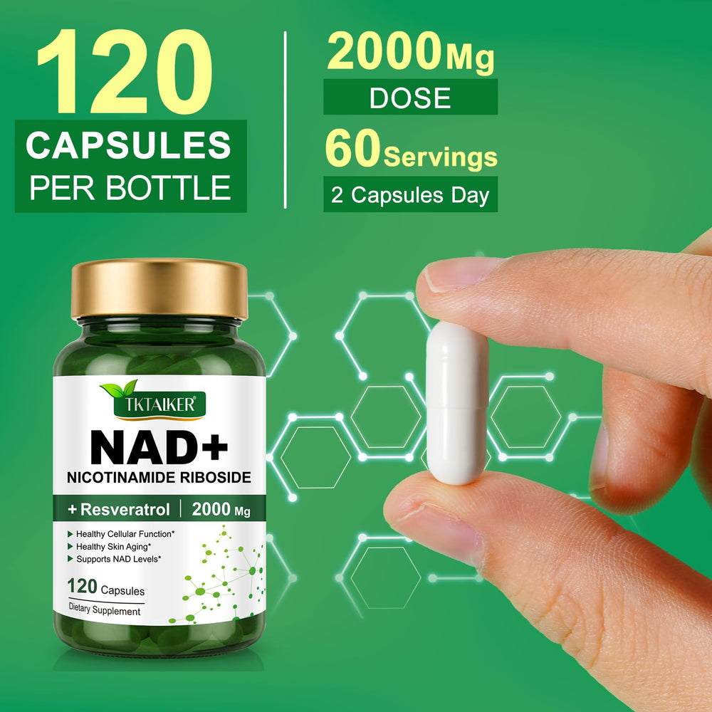 Close-up of bottle label highlighting 2000mg NAD+ per serving