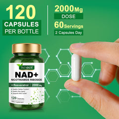 Close-up of bottle label highlighting 2000mg NAD+ per serving