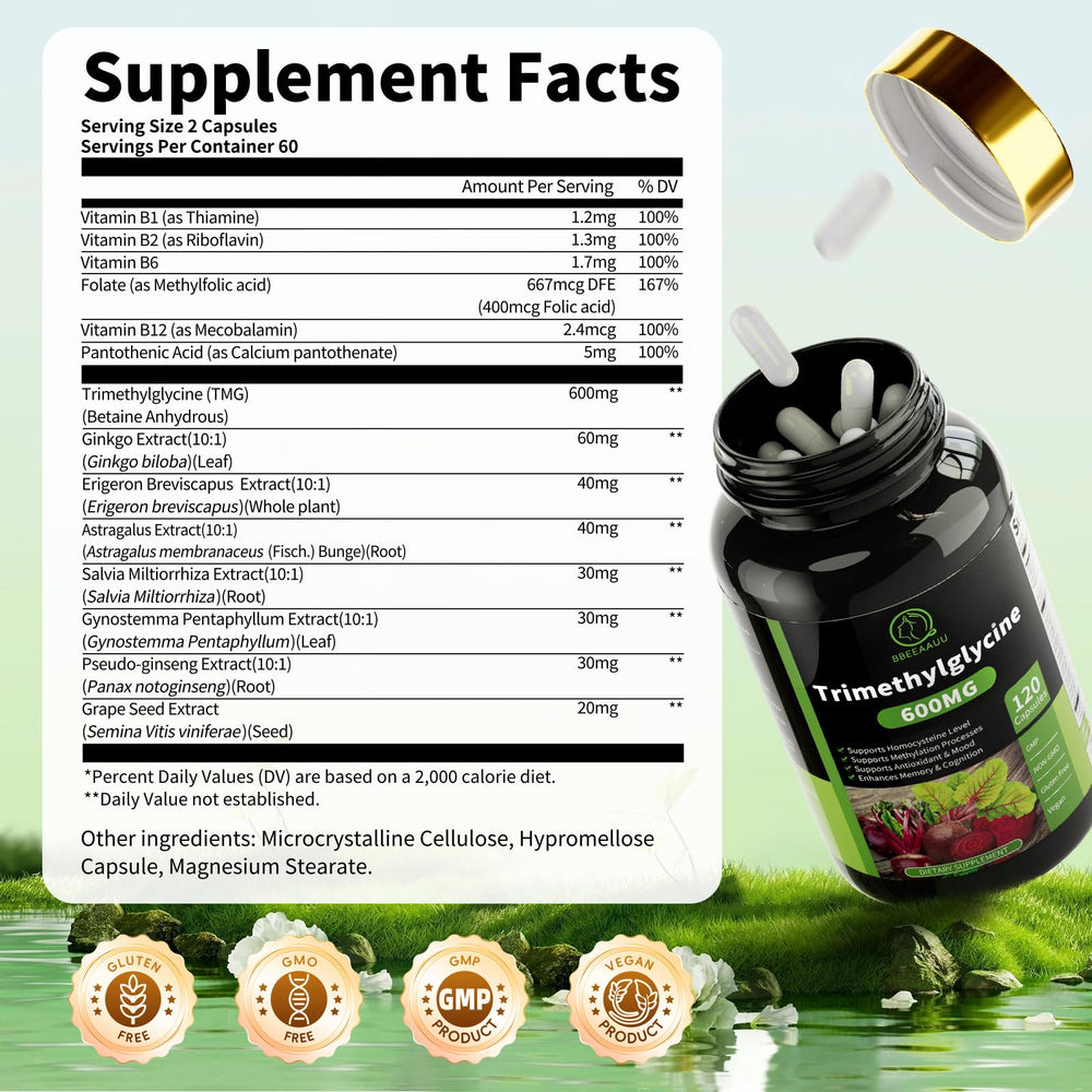 TMG capsules showing ginkgo biloba extract and vitamin B6 ingredients