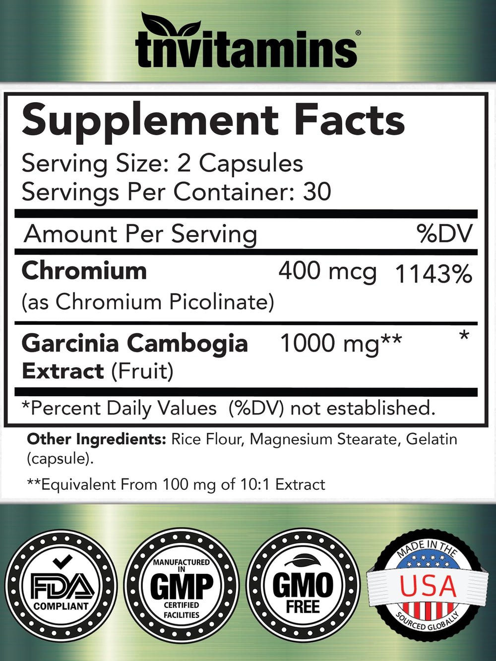 tnvitamins Garcinia Cambogia capsules close-up highlighting 1000 mg per serving.